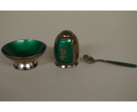 A Danish silver and enamel cruet set, by Volmer Bahner, 1987-1988, 53g all in. 