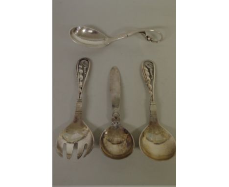 Two silver Georg Jensen 'Pea Pod' 42 pattern servers, 1933 - 1944; together with a similar 'Pea Pod' 21 pattern example; and 