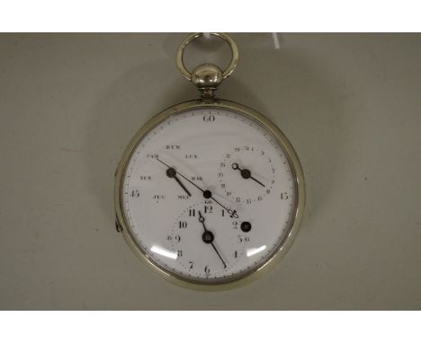An antique triple dial open faced fusee pocket watch, the unsigned 52mm white enamel dial having subsidiary dials for day (in