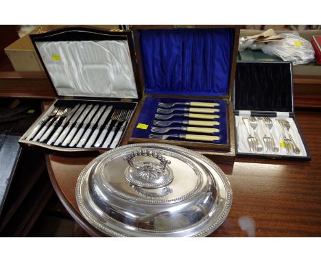 A cased set of six silver plated tea knives and forks, having mother of pearl handles, by J D &amp; S; together with an EPNS 