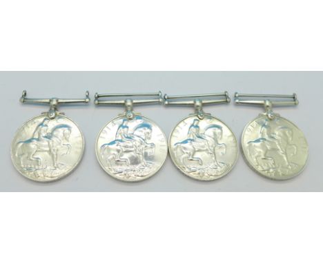 Four WWI British War medals;-H.R.F. Harrup D.H. M.F.A., 1948 Pte. T.C. Harris R.A.M.C., 12918 Pte.1. H.M. Richards R.A.F. and