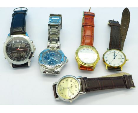 Five gentleman's wristwatches including Festina chronograph, digital chronograph and Rotary