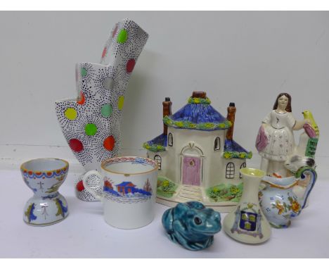 A pastille burner, a Belleek crested vase, a Poole frog, a Staffordshire style figure, a small French jug and an egg cup and 