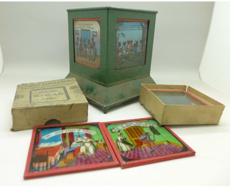 A tin-plate candlelight holder with eleven American coloured lantern slides including Adventures of Mr & Mrs Brown with Mouse