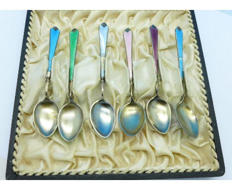 A cased set of six silver and enamel spoons, a/f