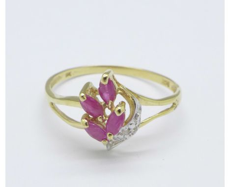 A 9ct gold, ruby and diamond ring, 1.1g, O