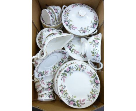 A Wedgwood Hathaway Rose dinner and tea service, five large plates, six medium, six small plates, six sandwich plates, six cu
