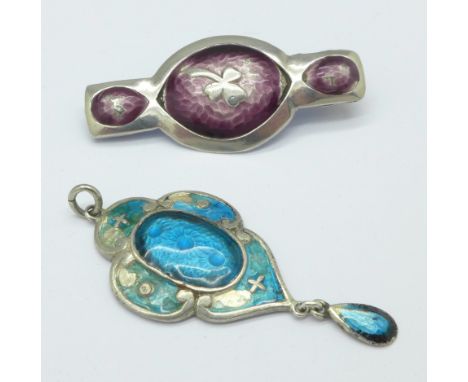 Two silver and enamel pendant/brooches, enamel a/f