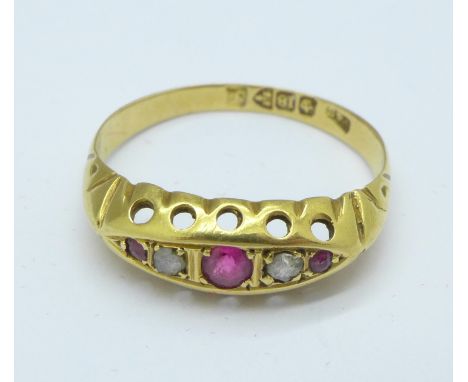 An 18ct gold, ruby and diamond ring, 1.8g, N