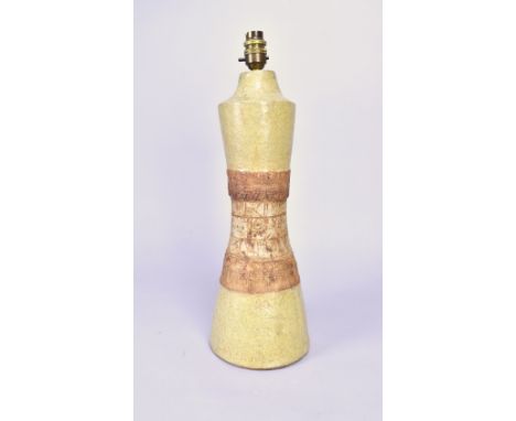 BERNARD ROOKE (born 1938); a tall waisted stoneware lamp base decorated with hieroglyphics, height 41cm (excluding brass fitt