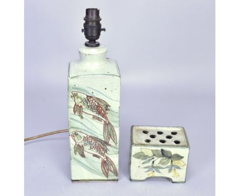 COLIN KELLAM (born 1942); a square stoneware lamp base decorated with fish, impressed mark and sticker, height 27.5cm, and a 