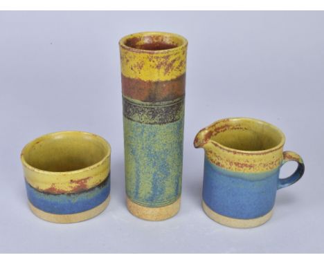 ROBIN WELCH (1936-2019); two cylindrical stoneware vases and a jug, impressed marks, tallest 18cm (3). (D)Additional Informat