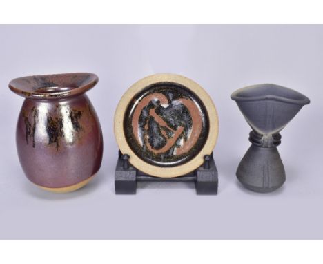 JOHN LEACH (born 1939) for Muchelney Pottery; a black mood vase, impressed JHL mark and dated 2000, another vase covered in k