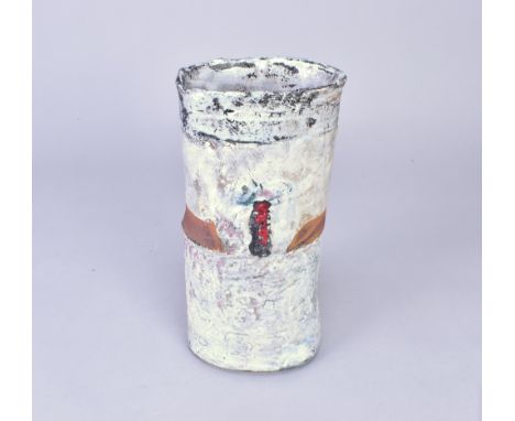 ROBIN WELCH (1936-2019); an oval stoneware vessel with banded decoration on a mottled white ground and red enamel highlights,