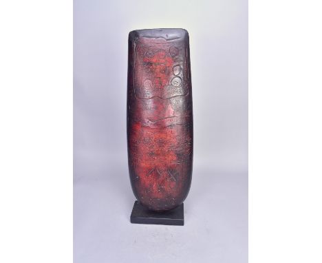 PETER HAYES (born 1946); a tall raku bow with fractured red surface mounted on slate base, height 68cm.&nbsp;Additional Infor