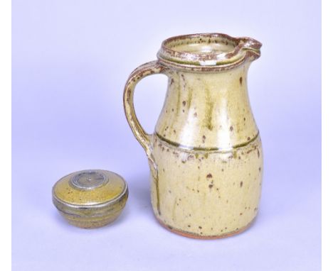 RICHARD BATTERHAM (born 1936); a stoneware jug covered in green ash glaze, height 22cm, and a small box and cover (2). (D)Add