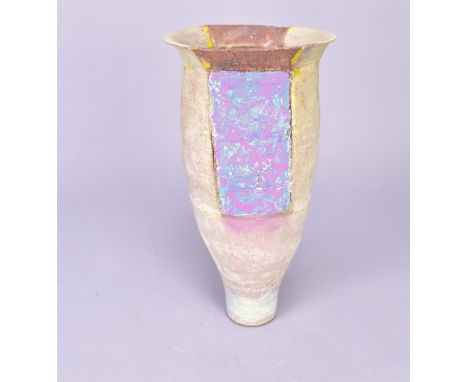 ROBIN WELCH (1936-2019); a stoneware vessel decorated with lilac/yellow and blue/lilac rectangles with yellow enamel highligh