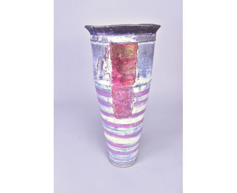 ROBIN WELCH (1936-2019); a tapered stoneware vessel, rose red rectangle and lilac banded decoration on a mottled grey and whi