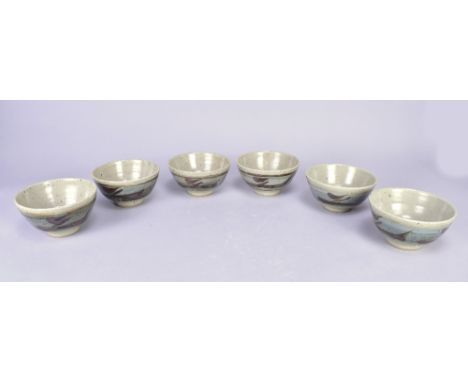 Leach Pottery; a set of six stoneware Z bowls, iron brushwork on cobalt washed ground, impressed pottery marks, diameters 14c