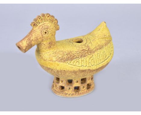 IAN GODFREY (1942-1992); a stoneware duck vessel partially covered in matt ochre glaze, made circa 1970s, length 15.5cm. (D)A
