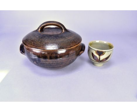 DAVID LLOYD JONES (1928-1994); a stoneware footed cup, iron brushwork on grey/green ground, impressed LJ mark, height 8.5cm, 