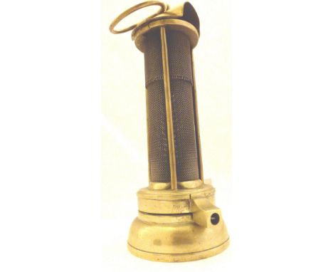 Unusual brass and mesh miners lamp, H: 21 cm