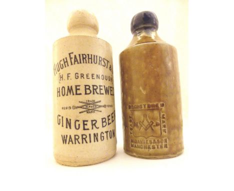 Two ginger beer bottles, Hugh Fairhurst Warrington and M Davies and Son, Manchester with Masonic compass 