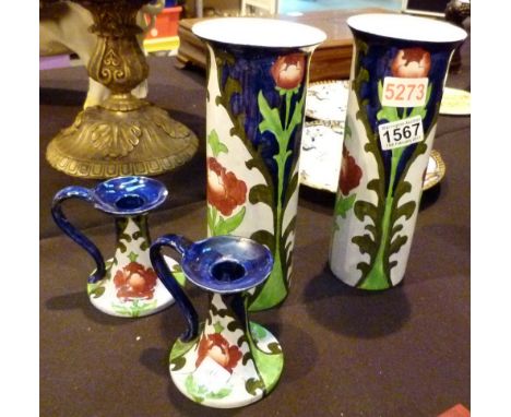 Unmarked Art Nouveau ceramic decorative vases and two candlesticks 