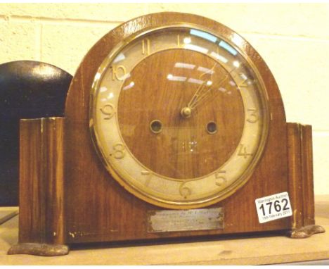 Oak case chiming Smiths Enfield mantle clock with Port Sunlight presentation plaque dating to 1953