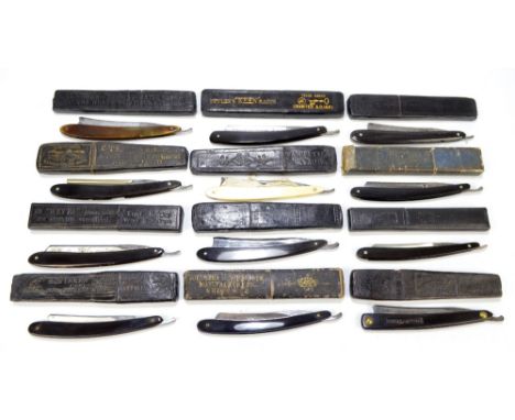 A collection of twelve various late 19th/early 20th century razors including ivory and horn handled examples by Francis Newto