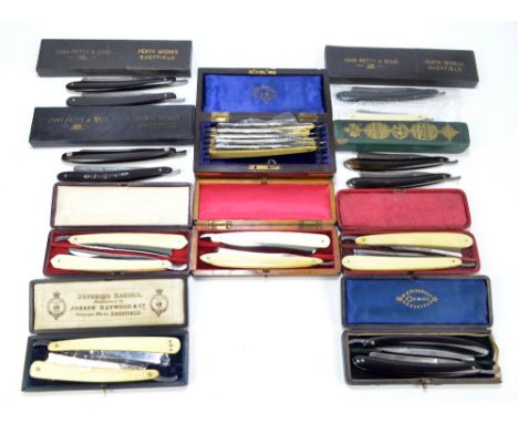 Nine boxed pairs of late 19th/early 20th century horn, ivory and ivorine bodied razors including examples by Joseph Haywood &