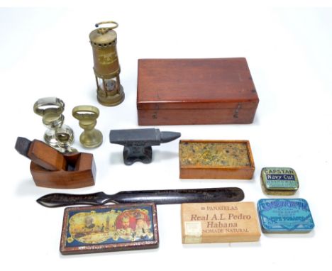 A small group of collectors' items including a woodworking plane with blade marked 'Ward', stamped 'J Walker' and 'Hathersich