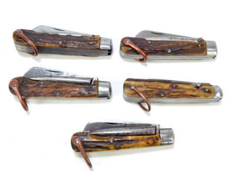 Five antler handled steel bladed pen knives with single blade and spike including examples by Harrison Bros and Howson, Josep