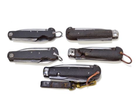 Five military clasp knives with moulded checkered pattern bodies with single blade, tin opener and marlin spike, including 'S