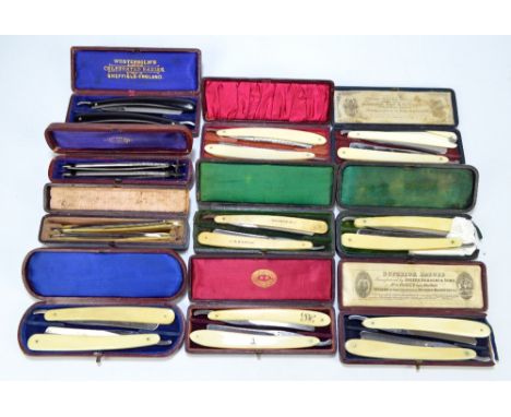 Ten late 19th/early 20th century pairs of ivory and horn bodied razors including examples by Harrison Bros and Howson (handle