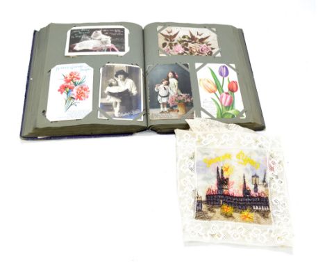 A postcard collection including WWI embroidered silk sweetheart postcards and further contemporary military scenes and regime