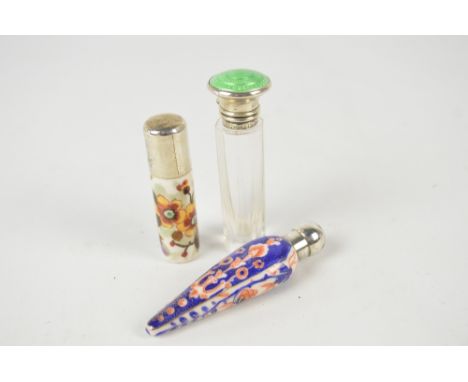 A Victorian hallmarked silver screw capped Imari pattern ceramic phial, CC May & Sons, Birmingham 1889, a smaller hallmarked 