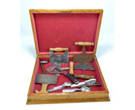 A Marble's hand held axe with hinged protective cover, hand held choppers, folding knife, fork, spoon sets, etc.