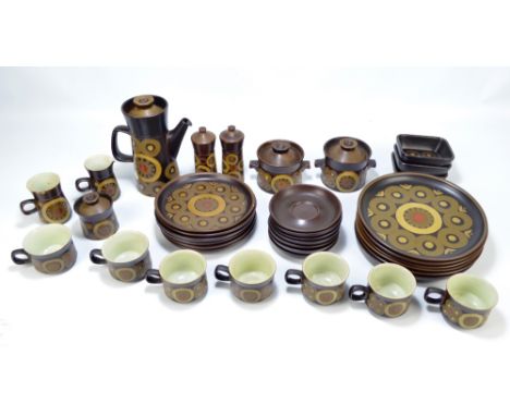 A Denby 'Arabesque' pattern six setting part dinner service, comprising dinner plates, side plates, tureens, serving dishes, 