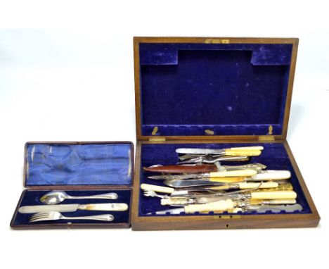 A collection of various predominantly Old Sheffield electroplate bladed mother of pearl, ivory and bone handled knives includ