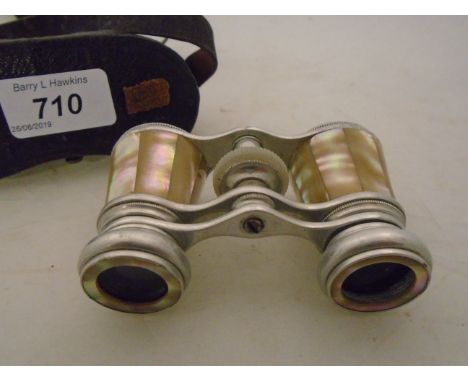 VINTAGE WHITE METAL BINOCULARS WITH MOTHER OF PEARL INLAY