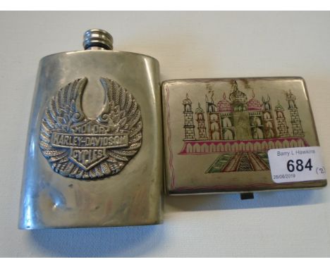 CIGARETTE CASE DEPICTING EASTERN BUILDING AND HARLEY DAVIDSON HIP FLASK