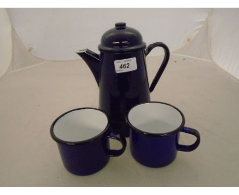 ENAMEL COFFEE POT AND TWO CUPS