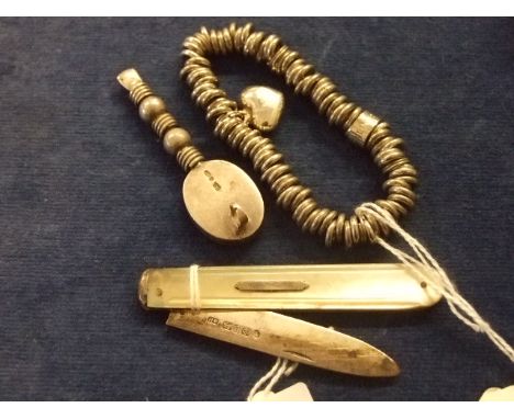 MOTHER OF PEARL AND HALLMARKED SILVER FRUIT KNIFE, HEART PENDANT STAMPED 925 PLUS 1 OTHER HALLMARKED SILVER PIECE