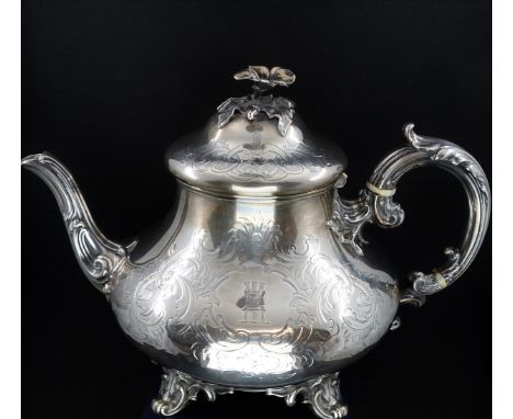 SILVER TEA SERVICE ROCO STYLE WITH SCROLL WORK & CASTLE CREST. LONDON HALLMARKS 1854 BY EDWARD & JOHN BARMAND. TOTAL GROSS WE