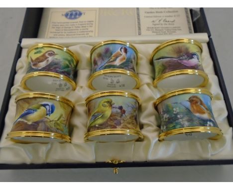 MOORCROFT ENAMEL LIMITED EDITION NAPKIN RINGS "GARDEN BIRDS COLLECTION" DESIGNED BY NIGEL CREED, SET OF 6 LIMITED EDITION 4/2