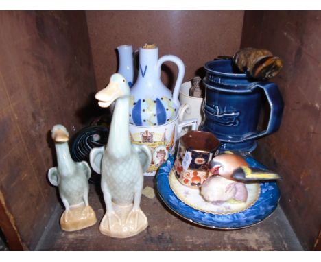 MIXED LOT OF CHINA, CHINESE BIRDS, HOOF BOTTLE OPENER, COMMEMORATIVE MUGS, RNLI HOLKHAM POTTERY TANKARD, PAPERWEIGHTS ETC