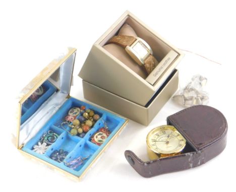 Various jewellery, a part silver bracelet set with polished sections, foldaway travel clock, 6cm high, other jewellery etc. (