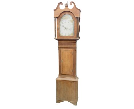 A 19thC longcase clock, the arched painted dial decorated with flowers, bather, etc. thirty hour movement in oak boxwood and 