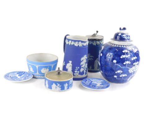 Various 19thC and other Wedgwood blue Jasperware, etc., to include jug, 18cm high, blue and white prunus Chinese vase, lidded